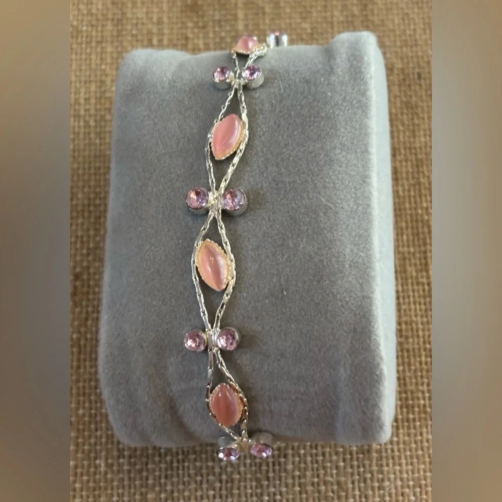 Silver Tone Pink Oval Stones And Smaller Purple Accents